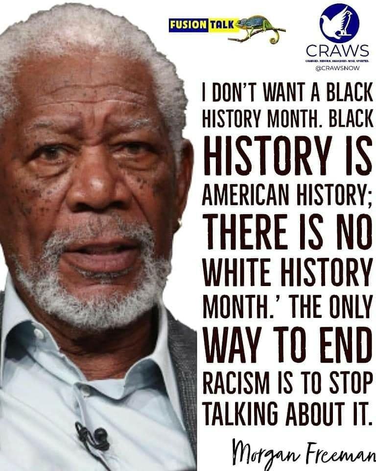 EhnG L 1 DONT WANT A BLACK HISTORY MONTH BLACK HISTORY IS AMERICAN HISTORY THERE IS NO WHITE HISTORY MONTH THE ONLY WAY 10 END RACISM IS T0 STOP TALKING ABOUT IT Motgan Freeman