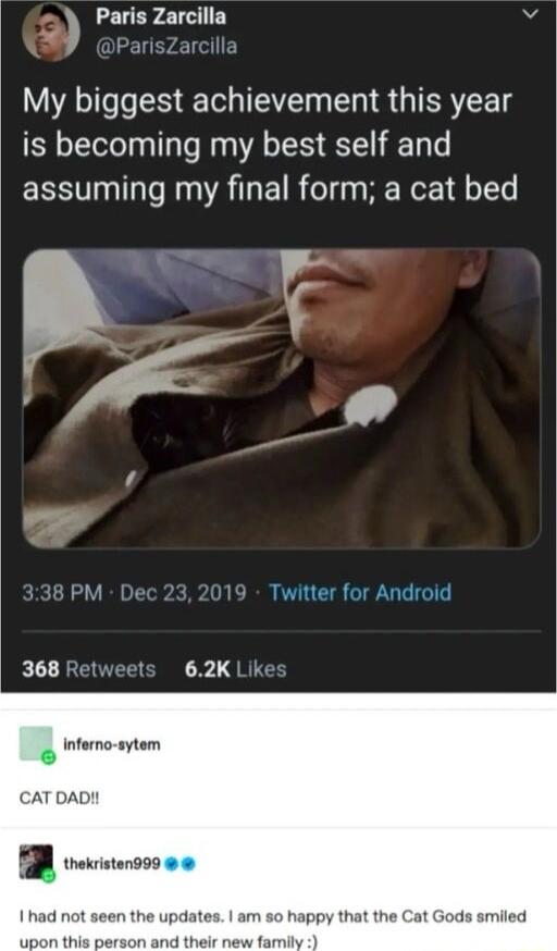 Paris Zarcilla Vi Pari My biggest achievement this year is becoming my best self and assuming my final form a cat bed r oy 9 PM De Twitter for Android 368 Ret 62K Inferno sytem CAT DAD pee I had n