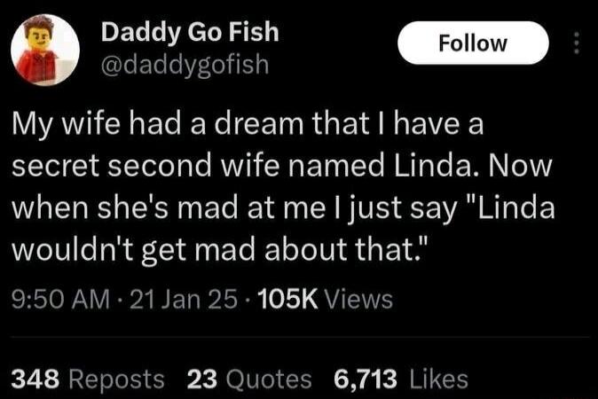 Daddy Go Fish Foll AN E N CET R E G EVEE secret second wife named Linda Now when shes mad at me just say Linda wouldnt get mad about that ERI N R A NET IR 01 QU 348 Reposts 23 Quotes 6713 Likes