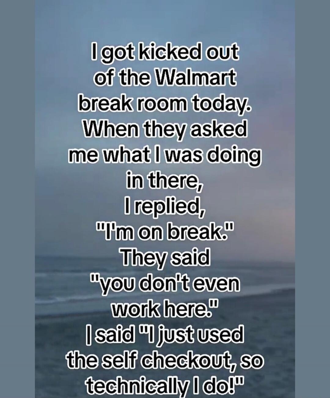 I got kicked out of the Walmart break room today. When they asked me what I was doing in there, I replied, 