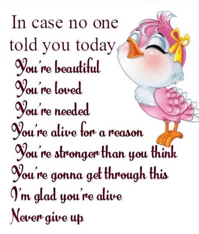 In case no one told you today\nYou're beautiful\nYou're loved\nYou're needed\nYou're alive for a reason\nYou're stronger than you think\nYou're gonna get through this\nI’m glad you're alive\nNever give up