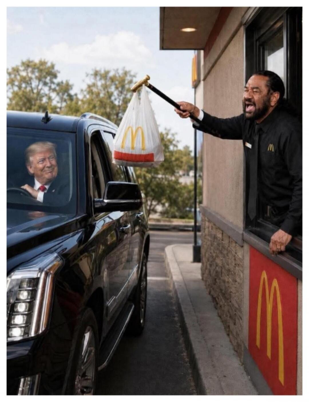 Donald Trump in a black SUV at a McDonald's drive-thru, receiving a bag of food from an employee using a long grabber stick. The McDonald's logo is visible on the bag and the building.