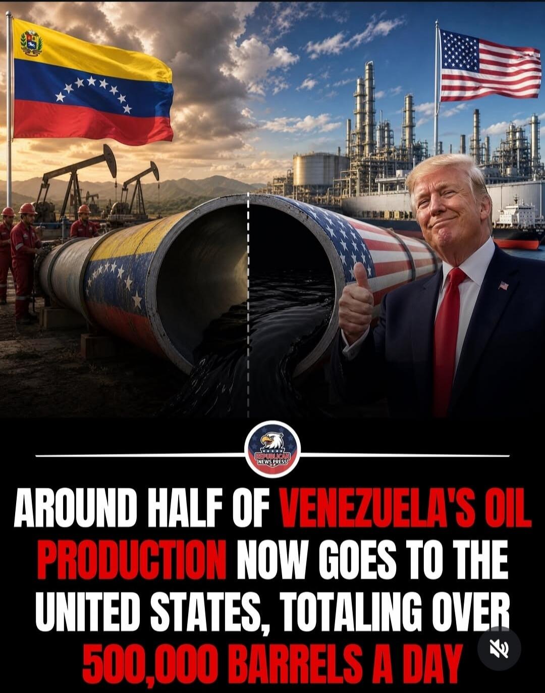 AROUND HALF OF VENEZUELA'S OIL PRODUCTION NOW GOES TO THE UNITED STATES, TOTALING OVER 500,000 BARRELS A DAY. REPUBLICAN NEWS PRESS