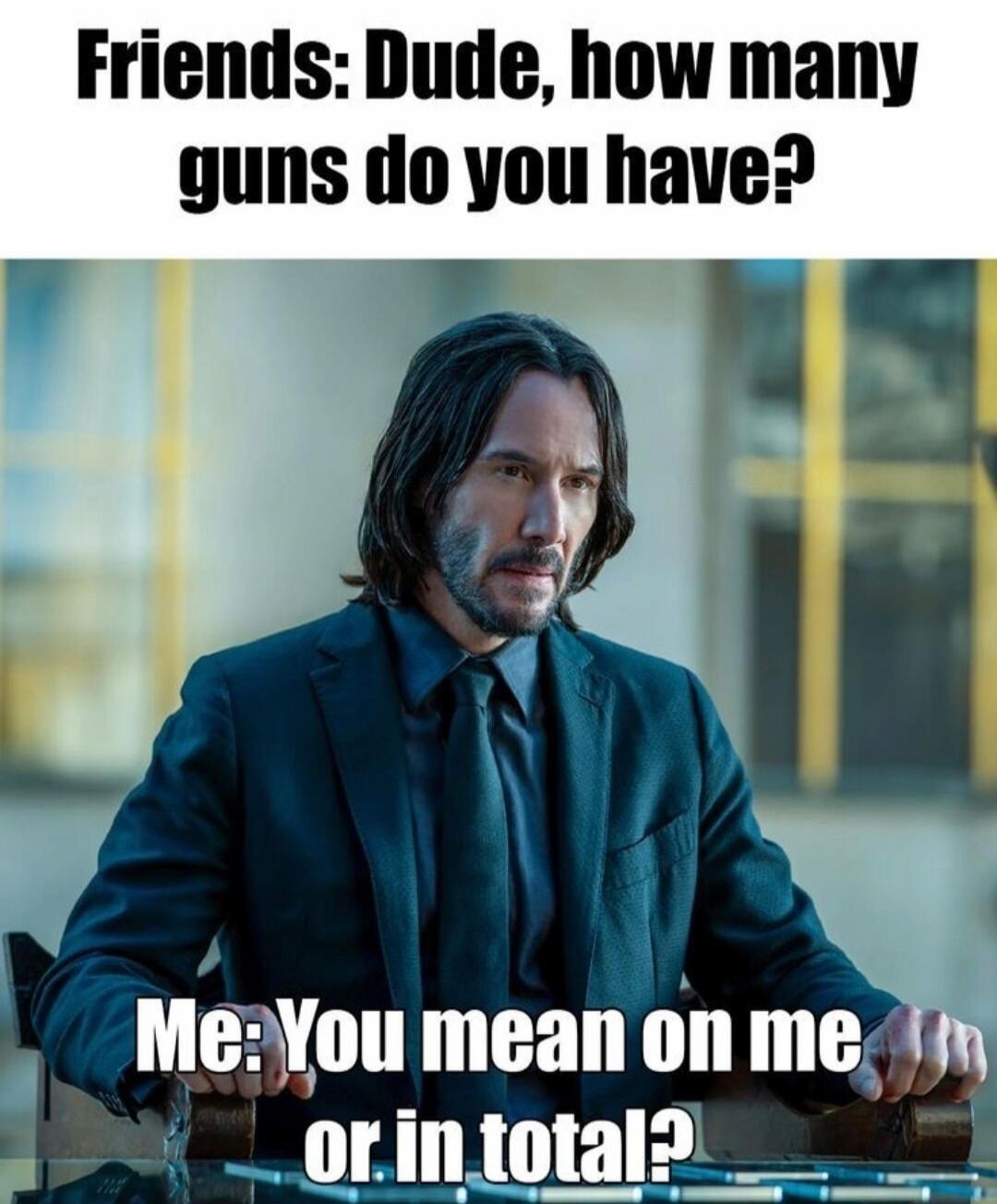 Friends: Dude, how many guns do you have? Me: You mean on me or in total?