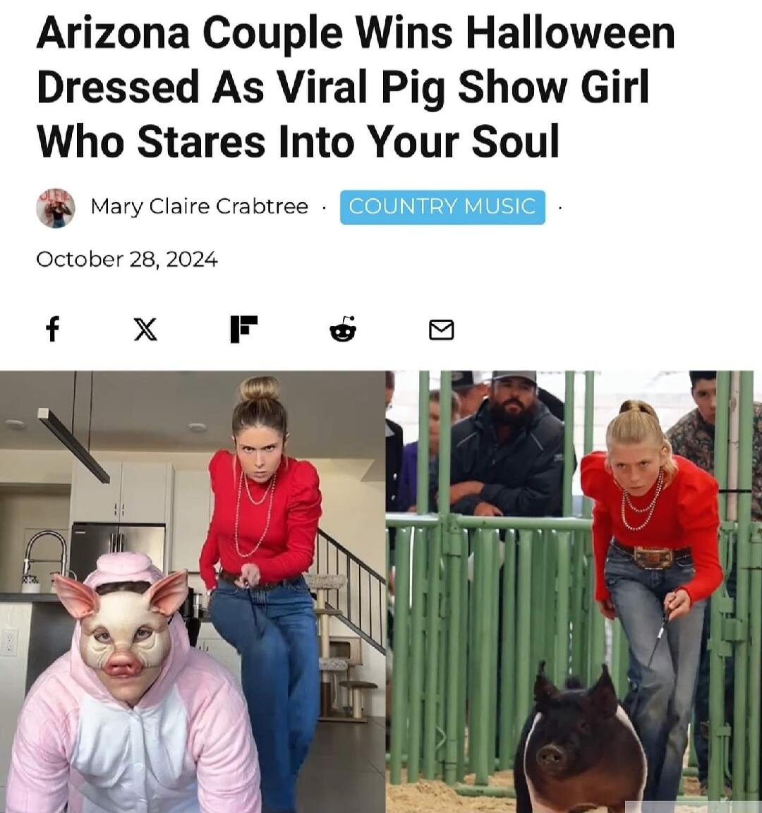 Arizona Couple Wins Halloween Dressed As Viral Pig Show Girl Who Stares Into Your Soul vory Clire Craburee October 282024 f X F 8