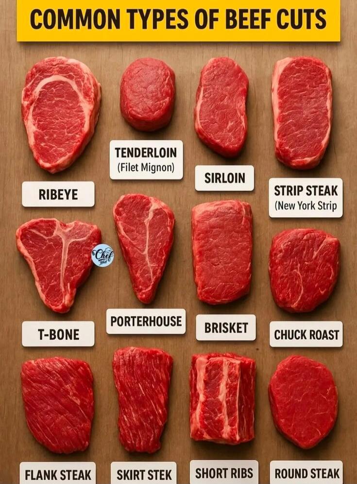 COMMON TYPES OF BEEF CUTS
RIBEYE
TENDERLOIN (Filet Mignon)
SIRLOIN
STRIP STEAK (New York Strip)
T-BONE
PORTERHOUSE
BRISKET
CHUCK ROAST
FLANK STEAK
SKIRT STEAK
SHORT RIBS
ROUND STEAK