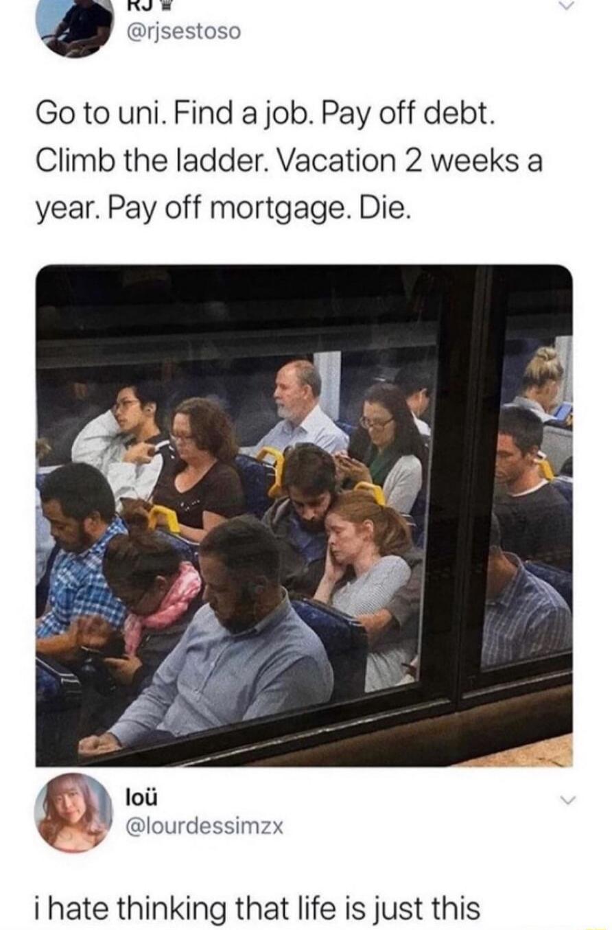 Go to uni. Find a job. Pay off debt. Climb the ladder. Vacation 2 weeks a year. Pay off mortgage. Die. I hate thinking that life is just this