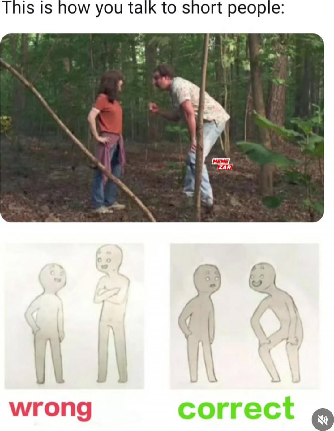 This is how you talk to short people:

[image of a tall person talking to a short person in a forest]

wrong | correct

(left image shows two simple figures with 'wrong' caption in red; right image shows two figures with 'correct' caption in green)