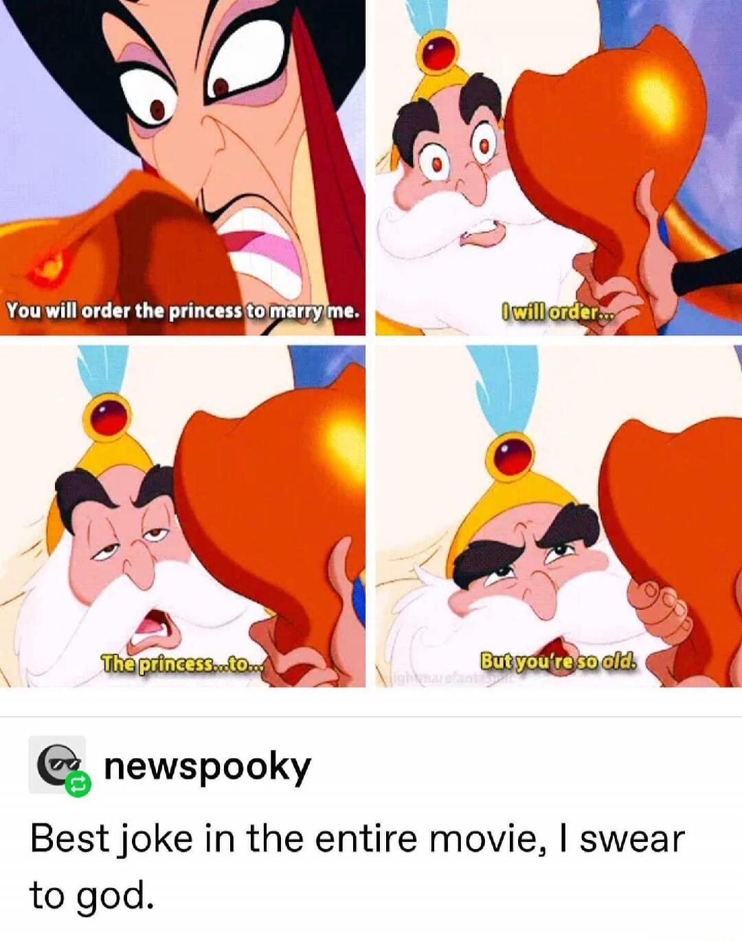 You will order the princess to marry me. I will order... The princess... to... But you're so old. Best joke in the entire movie, I swear to god.