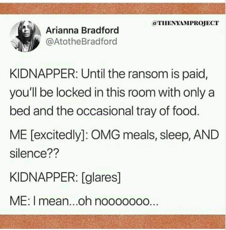 7 Felis Sophisticat 1hr THENYAMPROJECT Arianna Bradford AtotheBradford KIDNAPPER Until the ransom is paid youll be locked in this room with only a bed and the occasional tray of food ME excitedly OMG meals sleep AND silence KIDNAPPER glares ME meanoh nooooo0o0
