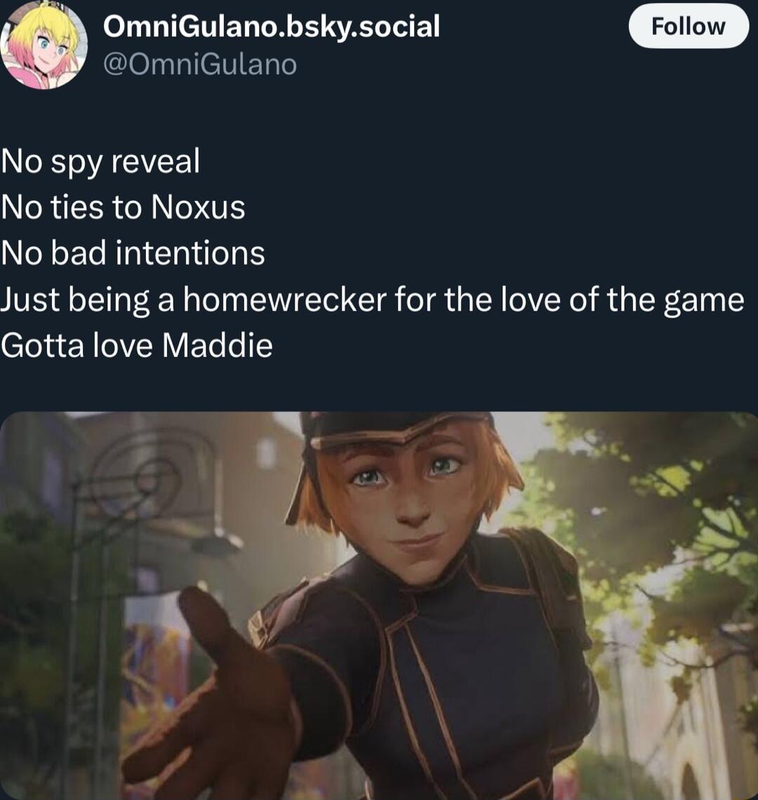 OmniGulanobskysocial ClelyTleliED NCEIGEE NCRESR ROS No bad intentions Just being a homewrecker for the love of the game Gotta love Maddie