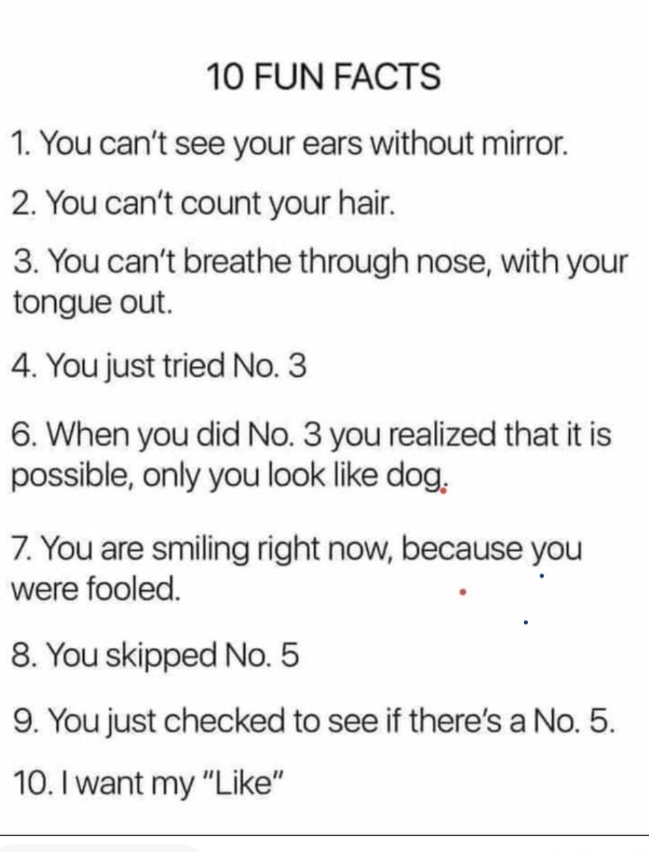 10 FUN FACTS 1 You cant see your ears without mirror 2 You cant count your hair 3 You cant breathe through nose with your tongue out 4 You just tried No 3 6 When you did No 3 you realized that it is possible only you look like dog 7 You are smiling right now because you were fooled 8 You skipped No 5 9 You just checked to see if theres a No 5 10 I want my Like