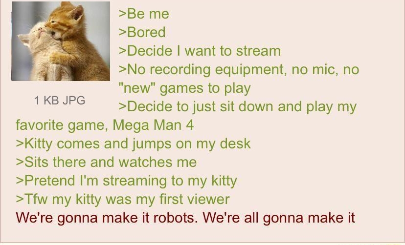 i Anonymous 090820Tue220851 N059955665 Be me Bored Decide want to stream No recording equipment no mic no new games to play Decide to just sit down and play my favorite game Mega Man 4 Kitty comes and jumps on my desk Sits there and watches me Pretend Im streaming to my kitty Tfw my kitty was my first viewer Were gonna make it robots Were all gonna make it 1KB JPG
