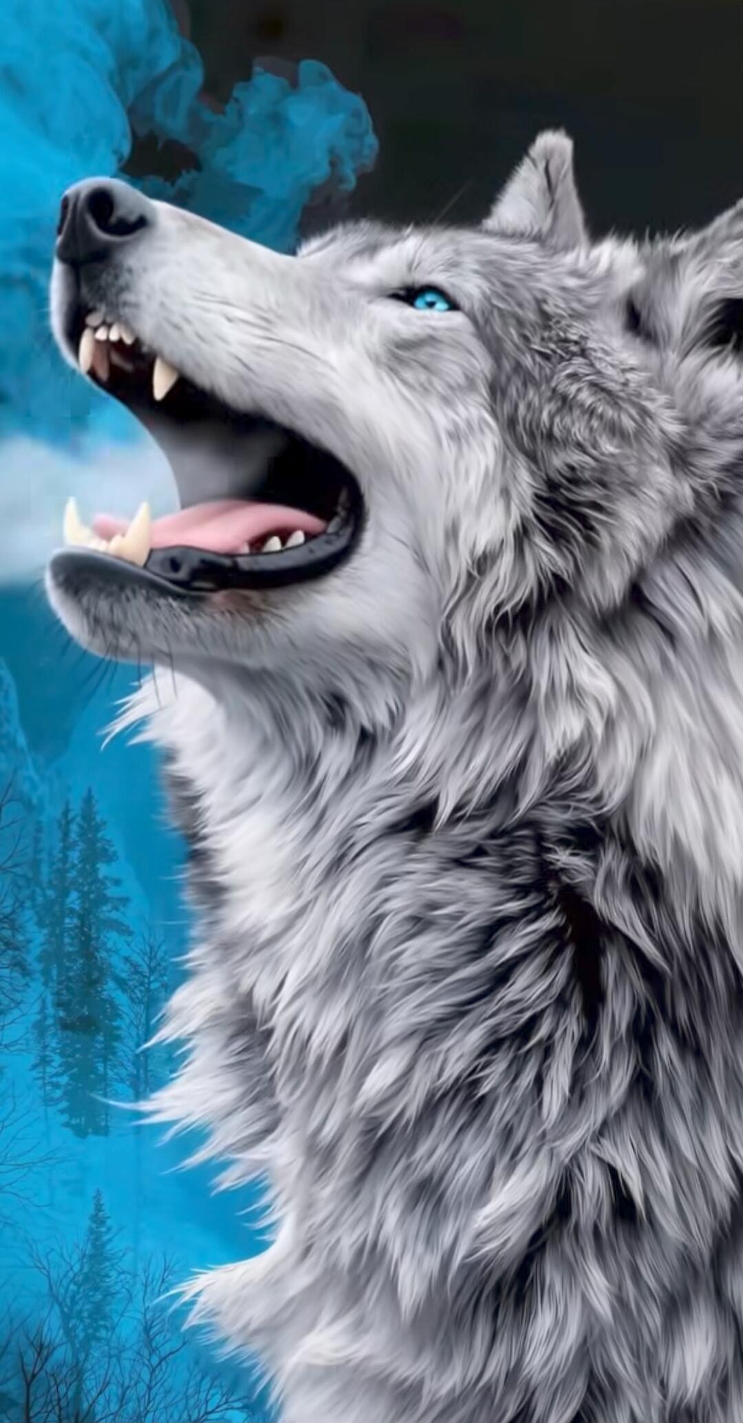A gray wolf with blue eyes howling, with blue smoke or vapor in the background.