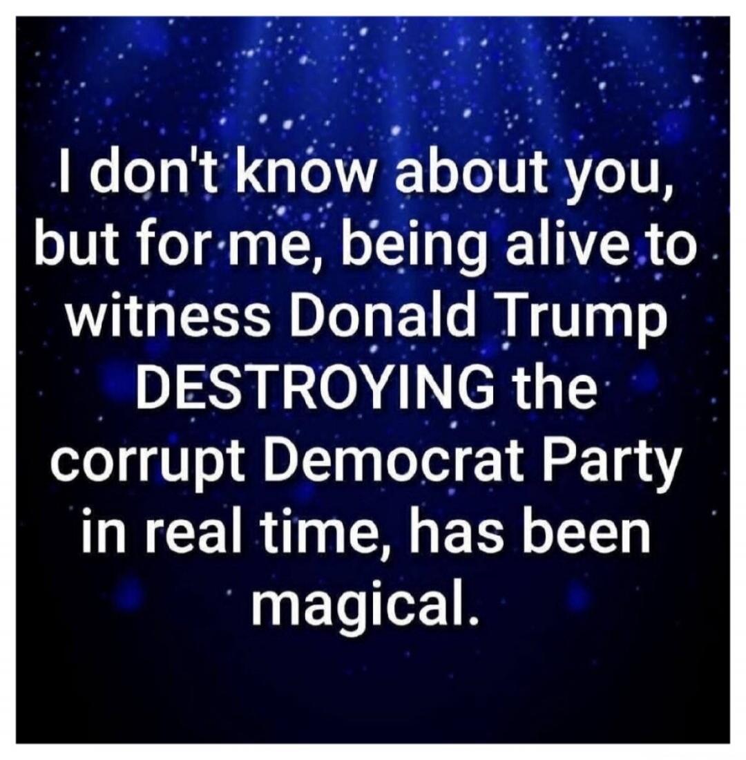 I don't know about you, but for me, being alive to witness Donald Trump DESTROYING the corrupt Democrat Party in real time, has been magical.