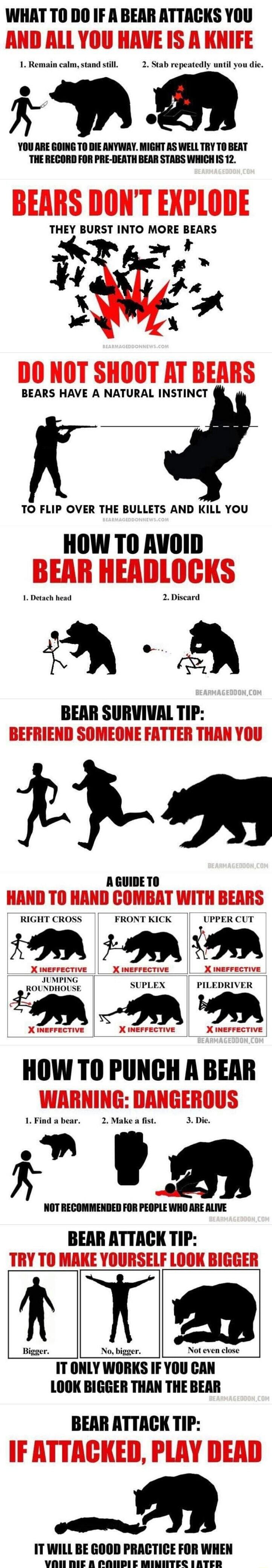 WHAT TO DO IF A BEAR ATTACKS YOU 1 Remain calm stand still 2 Stab repeatedly until you die i R YOU ARE GOING TO DIE ANYWAY MIGHT AS WELL TRY T0 BEAT THE RECORD FOR PRE DEATH BEAR STABS WHICH IS 12 THEY BURST INTO MORE BEARS BEARS HAVE A NATURAL INSTINCT TO FLIP OVER THE BULLETS AND KILL YOU HOW TO AVOID 1 Detach head 2 Discard s BEAII SlllWIlAl lII S X AGUIDETO RIGHT CROSS FRONTKICK UPPER CUT ROUN