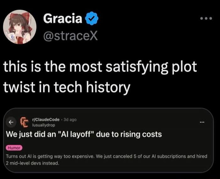 Gracia @straceX this is the most satisfying plot twist in tech history. r/ClaudeCode 3d ago lusuallydrop We just did an 