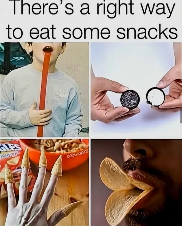 There's a right way to eat some snacks. The image shows four panels demonstrating humorous or unconventional ways to eat snacks: a child with a very long tongue eating a candy, hands separating an Oreo cookie, a hand with Bugles chips on fingers like nails, and a person eating two potato chips at once.