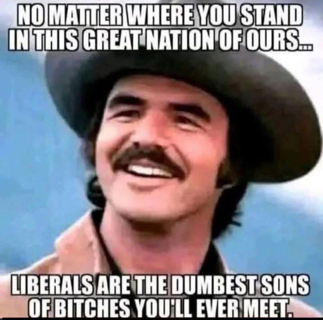 NO MATTER WHERE YOU STAND IN THIS GREAT NATION OF OURS... LIBERALS ARE THE DUMBEST SONS OF BITCHES YOU'LL EVER MEET.