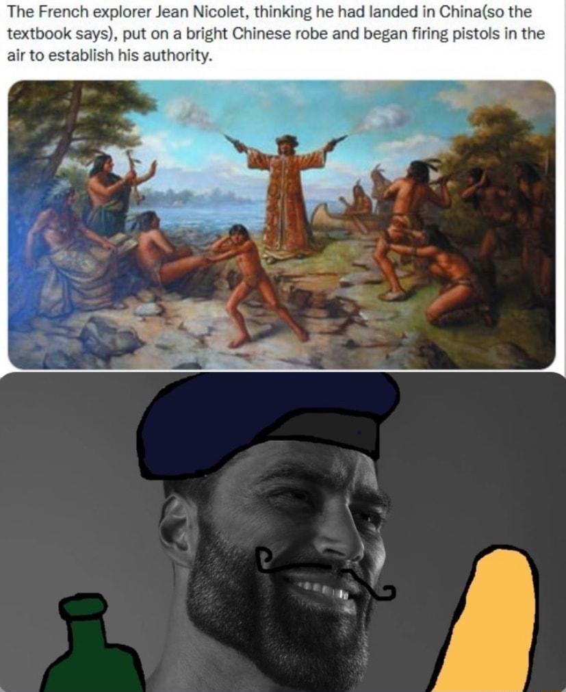 The French explorer Jean Nicolet thinking he had landed in Chinal textx put on a bright Chinese robe and began firing pi air to estabiish his aut