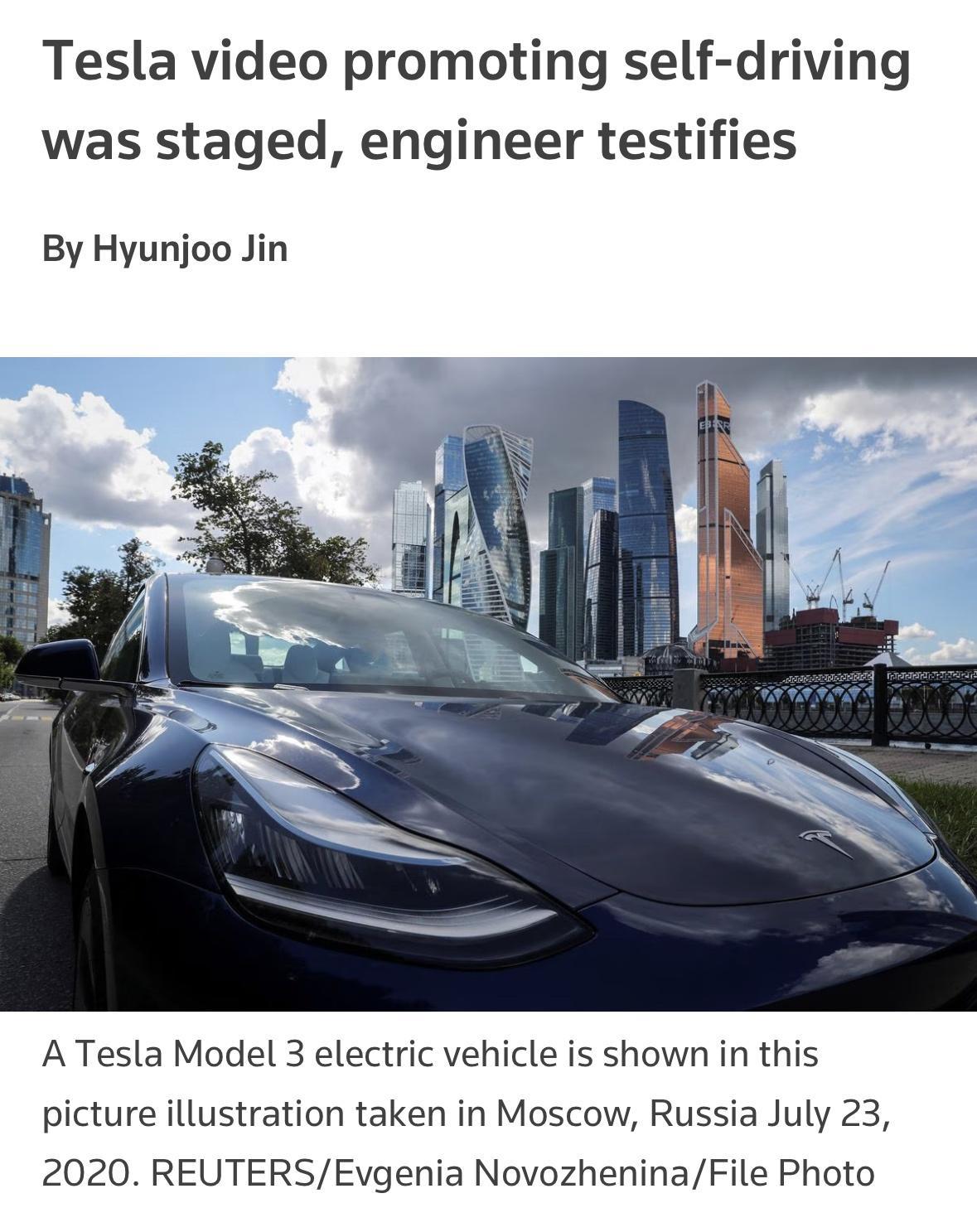 Tesla video promoting self driving was staged engineer testifies By Hyunjoo Jin A Tesla Model 3 electric vehicle is shown in this picture illustration taken in Moscow Russia July 23 2020 REUTERSEvgenia NovozheninaFile Photo