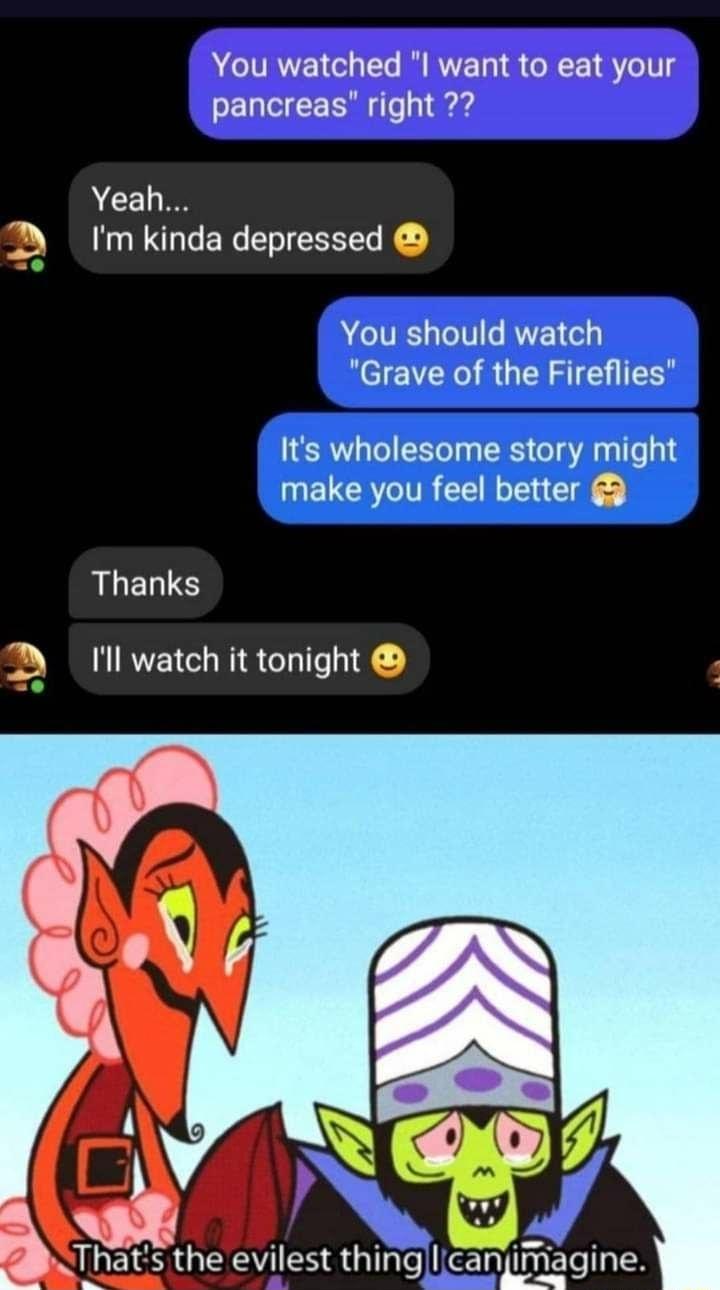 ACIVRTE ol T I RTE 1 X1 el pancreas right Yeah Imkinda depressed You should watch Grave of the Fireflies Its wholesome story might make you feel better LLELLE Il watch it tonight A WY o Jhat the evilest thingl canfimagine t