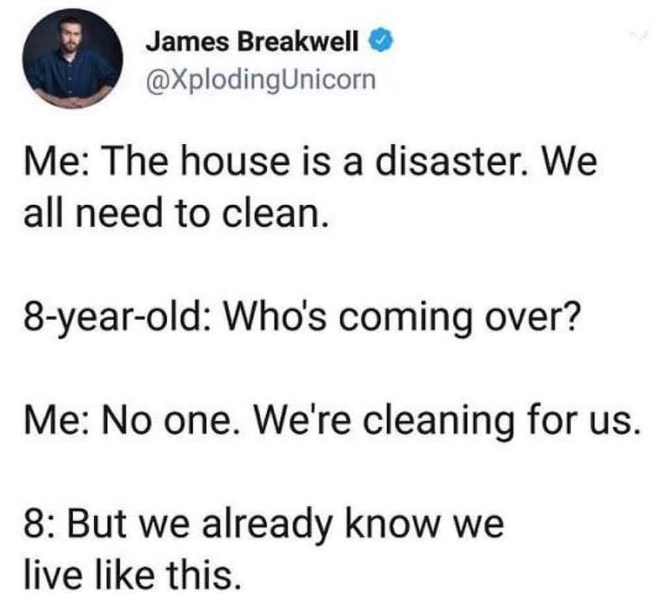 James Breakwell XplodingUnicorn Me The house is a disaster We all need to clean 8 year old Whos coming over Me No one Were cleaning for us 8 But we already know we live like this