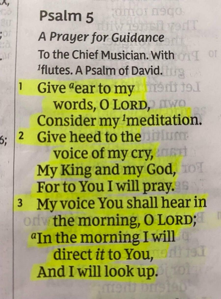 Psalm 5 A Prayer for Guidance To the Chief Musician. With flutes. A Psalm of David. 1 Give ear to my words, O LORD, Consider my meditation. 2 Give heed to the voice of my cry, My King and my God, For to You I will pray. 3 My voice You shall hear in the morning, O LORD; In the morning I will direct it to You, And I will look up.