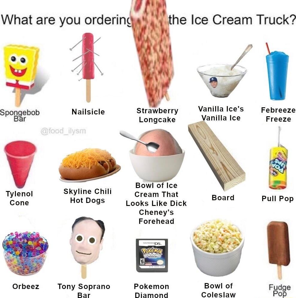 What are you orderin e lce Cream Truck glv oo Mol Sty Vanlolees ez d Longcake anillalce Freeze 530 ool Siinechii Sereries i el CreamThat gowa puipop Cheneys Ferenens R Orbeez Tony Soprano Pokemon Bowl of Fdge Bar pmainy Gikeahig