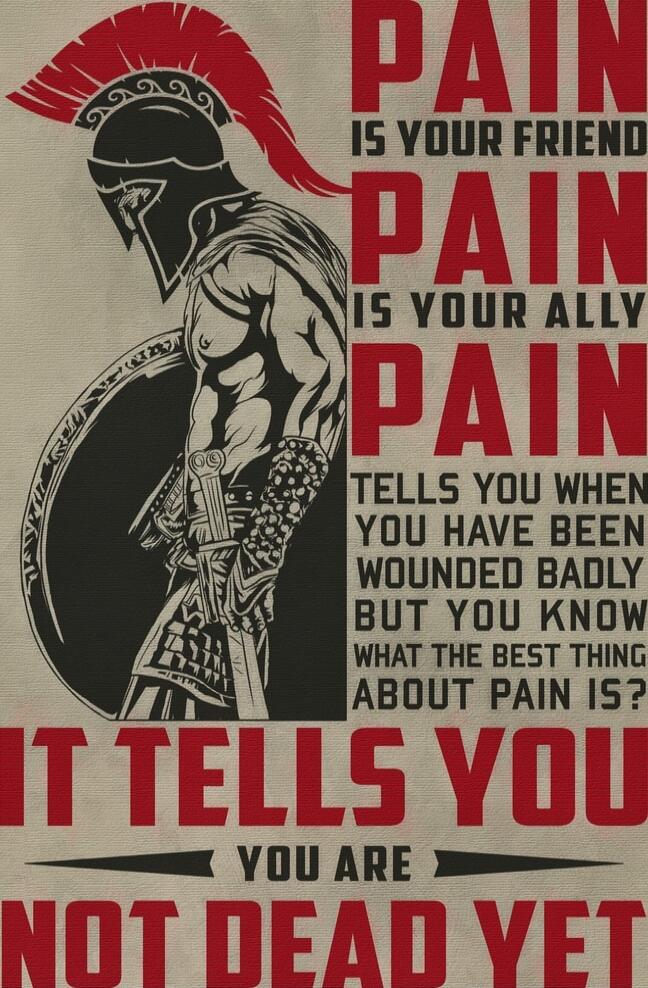 PAIN IS YOUR FRIEND. PAIN IS YOUR ALLY. TELLS YOU WHEN YOU HAVE BEEN WOUNDED BADLY BUT YOU KNOW WHAT THE BEST THING ABOUT PAIN IS? IT TELLS YOU ARE NOT DEAD YET
