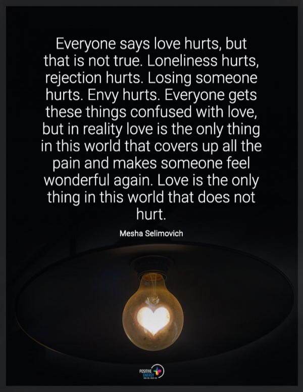 Everyone says love hurts, but that is not true. Loneliness hurts, rejection hurts. Losing someone hurts. Envy hurts. Everyone gets these things confused with love, but in reality love is the only thing in this world that covers up all the pain and makes someone feel wonderful again. Love is the only thing in this world that does not hurt. Mesha Sel