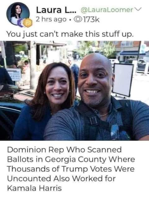 o173k Laura L 2hrsago Dominion Rep Who Scanned Ballots in Georgia County Where Thousands of Trump Votes Were Uncounted Also Worked for Kamala Harris