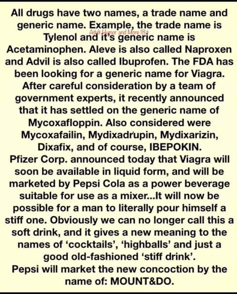 All drugs have two names a trade name and generic name Example the trade name is Tylenol and its generlc name is Acetaminophen Aleve is also called Naproxen and Advil is also called Ibuprofen The FDA has been looking for a generic name for Viagra After careful consideration by a team of government experts it recently announced that it has settled on the generic name of Mycoxafloppin Also considere