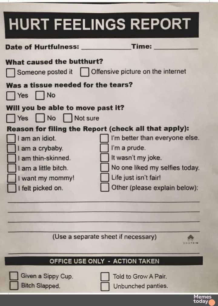 HURT FEELINGS REPORT Date of Hurtfulness Time What caused the butthurt D Someone posted it E Offensive picture on the internet Was a tissue needed for the tears Jyes No Will you be able to move past it JYes D No D Not sure Reason for filing the Report check all that apply D am an idiot Im better than everyone else 1ama crybaby J rm a prude D am thin skinned D It wasnt my joke D am a little bitch D