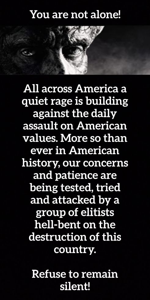 You are not alone 4 All across America a quiet rage is building against the daily ELLEN I UR WAV 1 g oY o values More so than ever in American history our concerns and patience are being tested tried and attacked by a group of elitists hell bent on the destruction of this country Refuse to remain silent