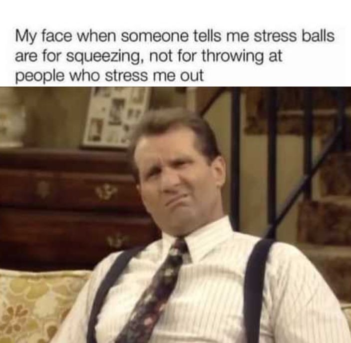 My face when someone tells me stress balls are for squeezing not for throwing at people who stress me out