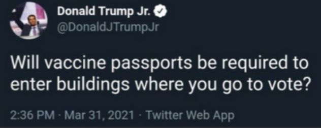 Donald Trump Jr DonaldJTrumpJr Will vaccine passports be required to enter buildings where you go to vote 236 PM Mar 31 2021 Twitter Web App