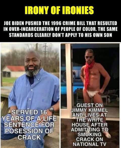 JOE BIDEN PUSHED THE 1996 CRIME BILL THAT RESULTED IN OVER INCARCERATION OF PEOPLE OF COLOR THE SAME STANDARDS CLEARLY DONT APPLY TO HIS OWN SON GUEST ON UIMMY KIMMEL ANDILIVESAT THE WHITE HOUSE AFTER ADMSWNG L SMOKING CRACK ON NATIONAL TV