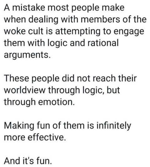 A mistake most people make when dealing with members of the woke cult is attempting to engage them with logic and rational arguments These people did not reach their worldview through logic but through emotion Making fun of them is infinitely more effective And its fun