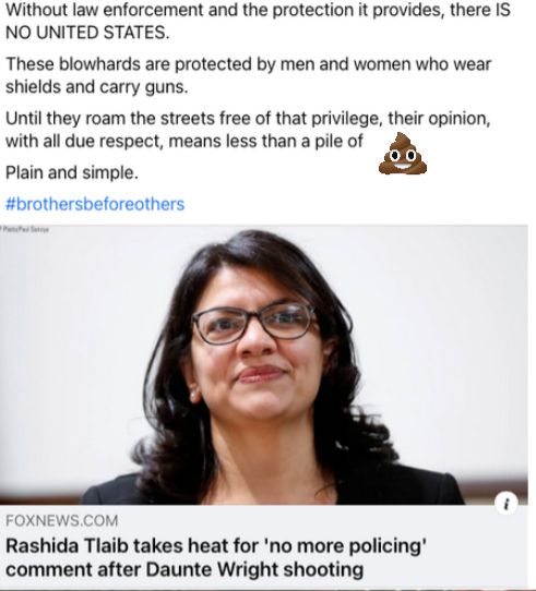 Without law enforcement and the protection it provides there IS NO UNITED STATES These blowhards are protected by men and women who wear shields and carry guns Until they roam the streets free of that privilege their opinion with all due respect means less than a pile of Plain and simple brothersbeforeothers FOXNEWSCOM Rashida Tlaib takes heat for no more policing comment after Daunte Wright shoot