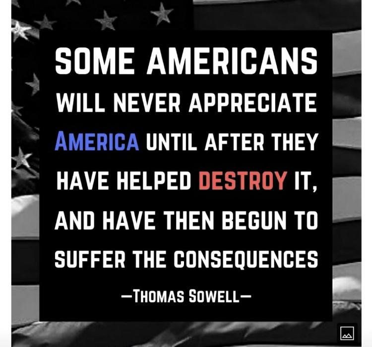 SOME AMERICANS WILL NEVER APPRECIATE AMERICA UNTIL AFTER THEY HAVE HELPED DESTROY IT AND HAVE THEN BEGUN TO SUFFER THE CONSEQUENCES THOMAS SOWELL v I r
