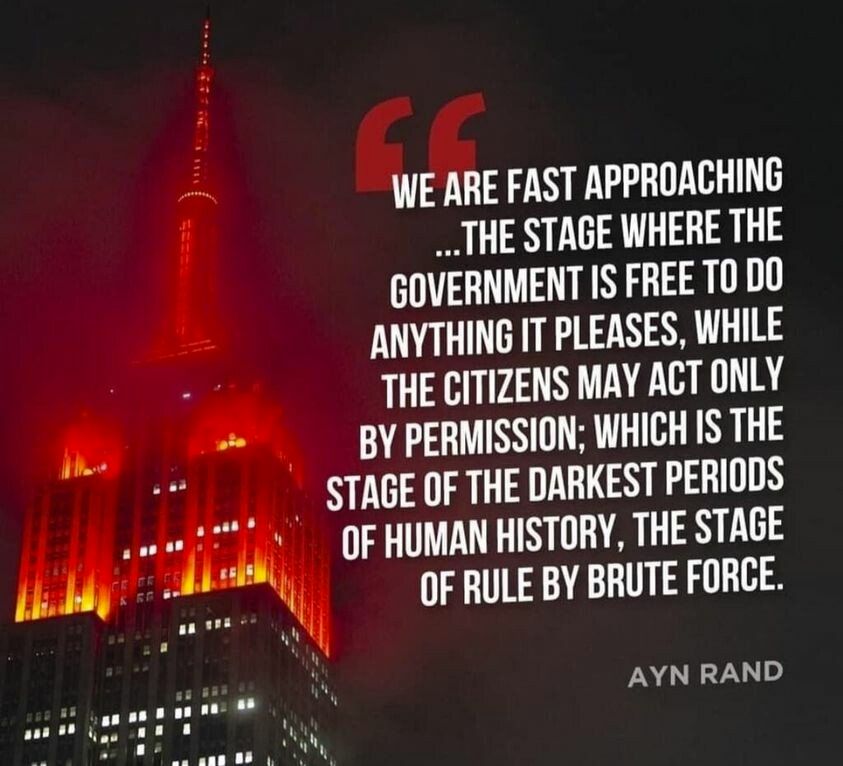 E FAST APPROACHING THE STAGE WHERE THE GOVERNMENT IS FREE T0 DO ANYTHING IT PLEASES WHILE THE CITIZENS MAY ACT ONLY BY PERMISSION WHICH IS THE STAGE OF THE DARKEST PERIODS OF HUMAN HISTORY THE STAGE OF RULE BY BRUTE FORCE ING T