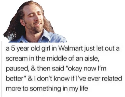 i a 5 year old girlin Walmart just let out a scream in the middle of an aisle paused then said okay now Im better dont know if Ive ever related more to something in my life