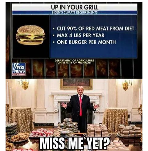 UP IN YOUR GRILL TS CUT 90 OF RED MEAT FROM DIET MAX 4 LBS PER YEAR ONE BURGER PER MONTH