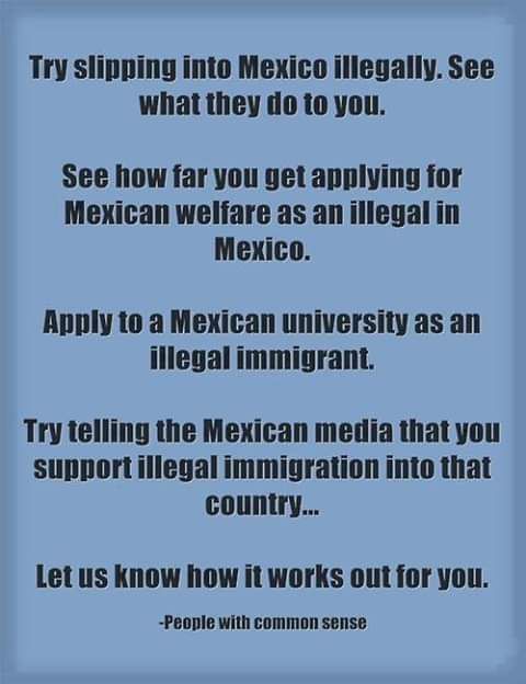 Try slipping into Mexico illegally See what they do to you See how far you get applying for Mexican welfare as an illegal in Mexico Apply to a Mexican university as an illegal immigrant Try telling the Mexican media that you supportillegal immigration into that country Let us know how it works out for you People with common sense