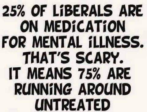 257 OF LiBERALS ARE ON MEDiCATiON FOR MENTAL iLLNESS THATS SCARY IT MEANS 75 ARE RUNNING AROUND UNTREATED