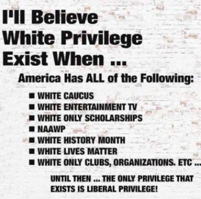 Ill Believe White Privilege Exist When America Has ALL of the Following WHITE CAUCUS WHITE ENTERTAINMENT TV WHITE ONLY SCHOLARSHIPS NAAWP WHITE HISTORY MONTH WHITE LIVES MATTER WHITE ONLY CLUBS ORGANIZATIONS ETC UNTIL THEN THE ONLY PRIVILEGE THAT EXISTS IS LIBERAL PRIVILEGE