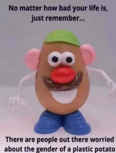 No matter how bad your life is just remember There are people out there worried about the gender of a plastic potato