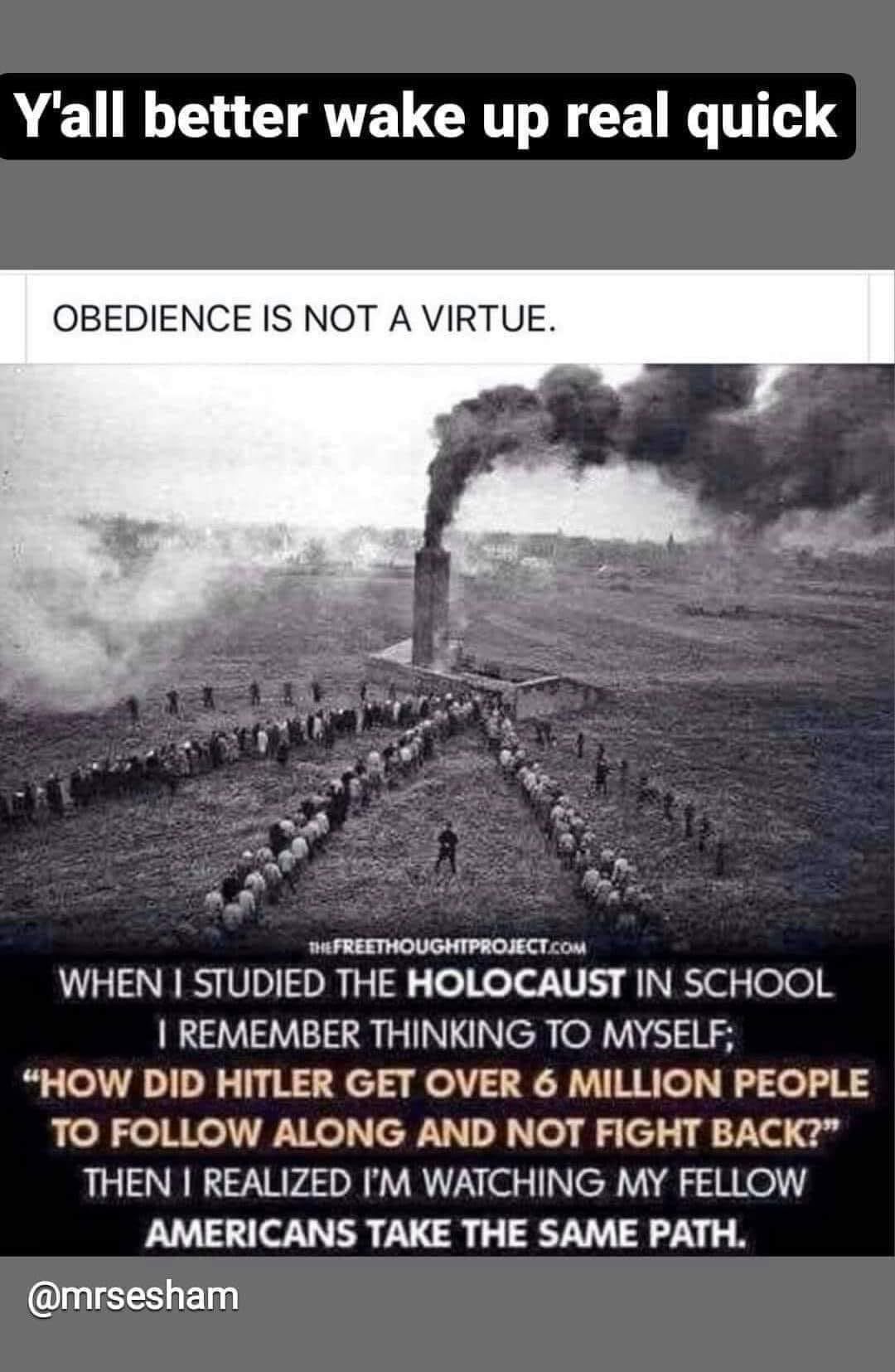 Yall better wake up real quick OBEDIENCE IS NOT A VIRTUE W FREETHOUGHTPROJECT com WHEN STUDIED THE HOLOCAUST IN SCHOOL REMEMBER THINKING TO MYSELF HOW DID HITLER GET OVER 6 MILLION PEOPLE TO FOLLOW ALONG AND NOT FIGHT BACK THEN REALIZED IM WATCHING MY FELLOW AMERICANS TAKE THE SAME PATH uIEESER