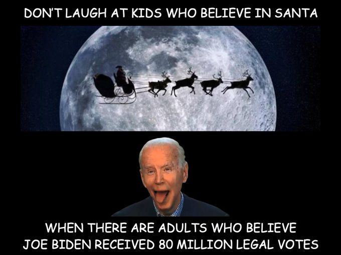 DONT LAUGH AT KIDS WHO BELIEVE IN SANTA WHEN THERE ARE ADULTS WHO BELTEVE JOE BIDEN RECEIVED 80 MILLION LEGAL VOTES